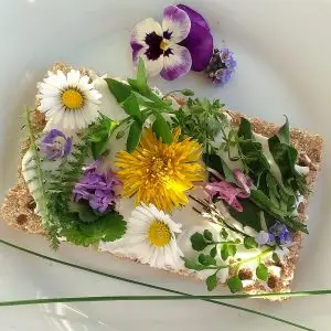 Brot mit bunten wilden Blüten dekoriert