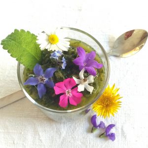 Wildkräuterdrink dekoriert mit bunten Wildblüten