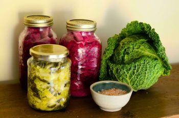 Drei Gläser mit fermentiertem Gemüse, eine schale Salz und ein Wirsingkopf